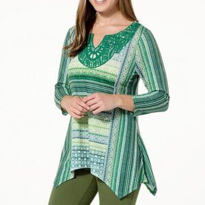 One World Red Sharkbite Hem long Sleeve Top Gem Lace Collar L